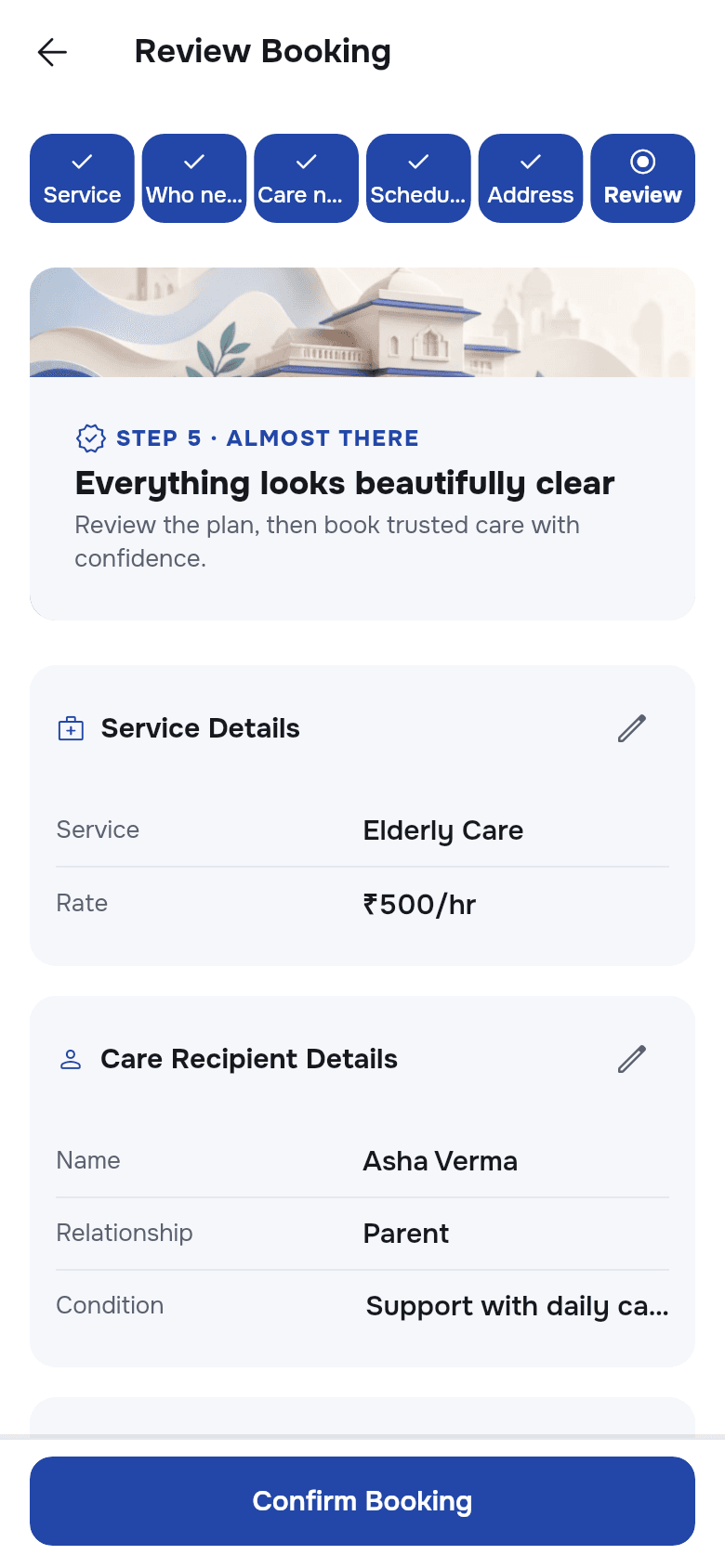 GrowCare Review Booking screen with sample data for a family member and per-visit payment