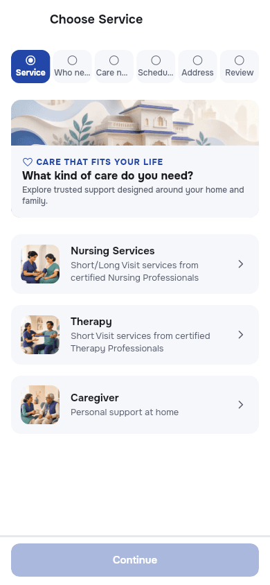 GrowCare Choose Service screen with sample data, showing nursing, therapy and caregiver categories